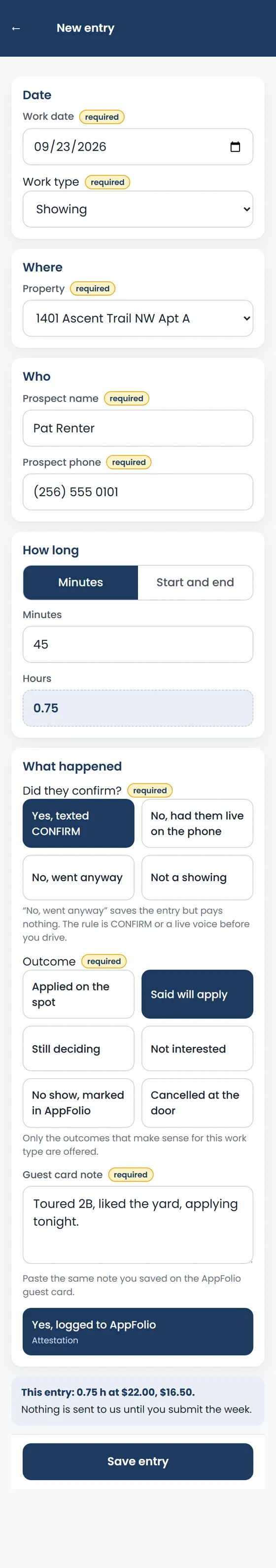 A showing entry, filled in