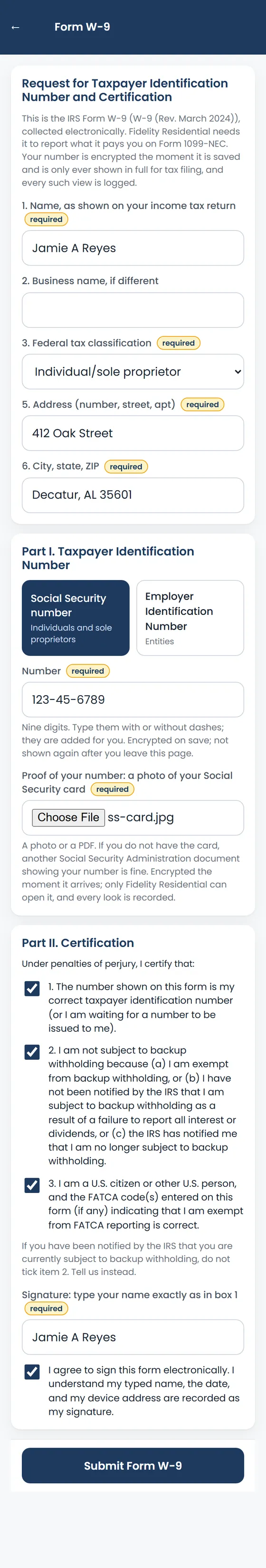 The W-9 form with proof attached
